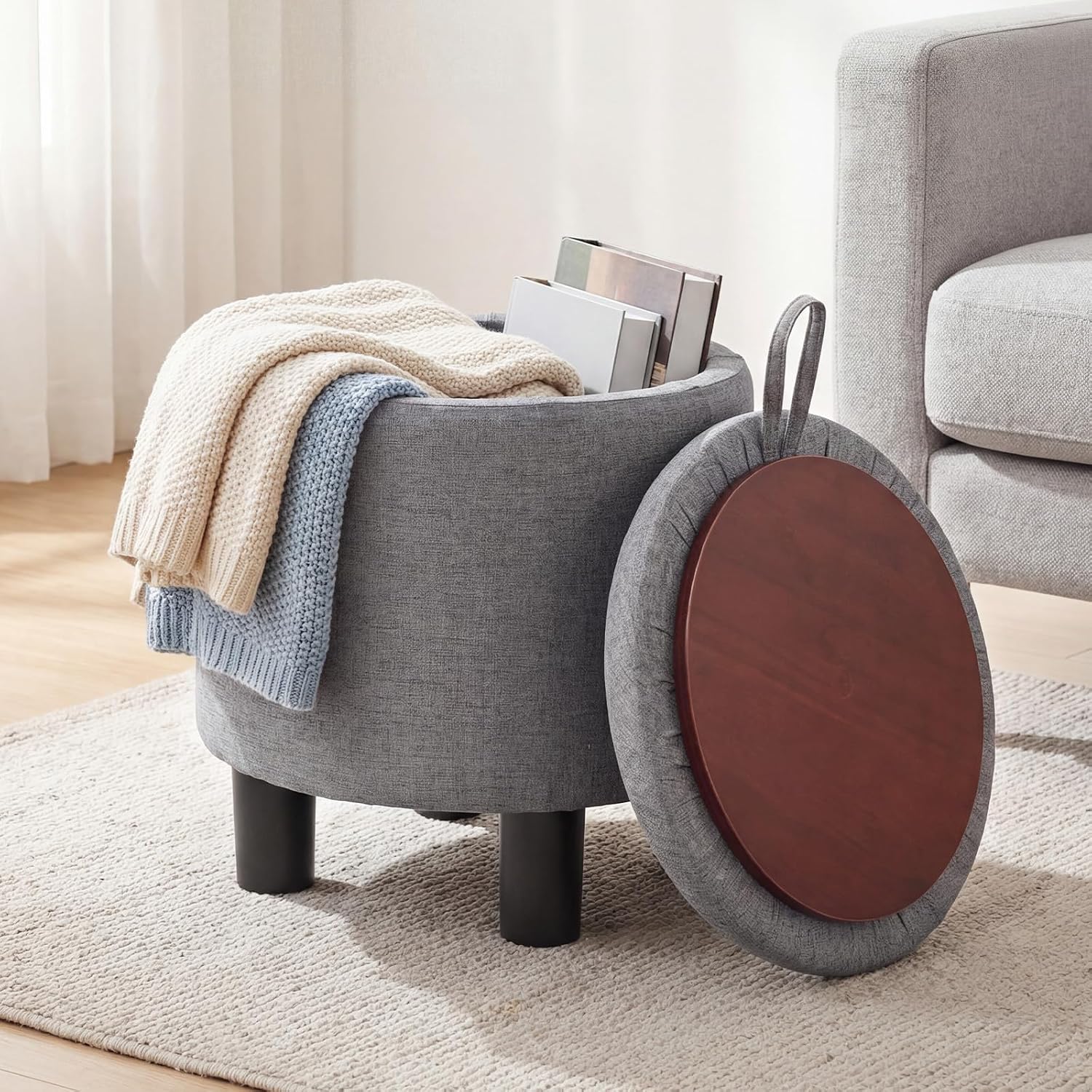 Gray Linen Round Storage Ottoman