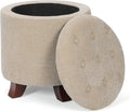 Khaki Round Linen Storage Ottoman