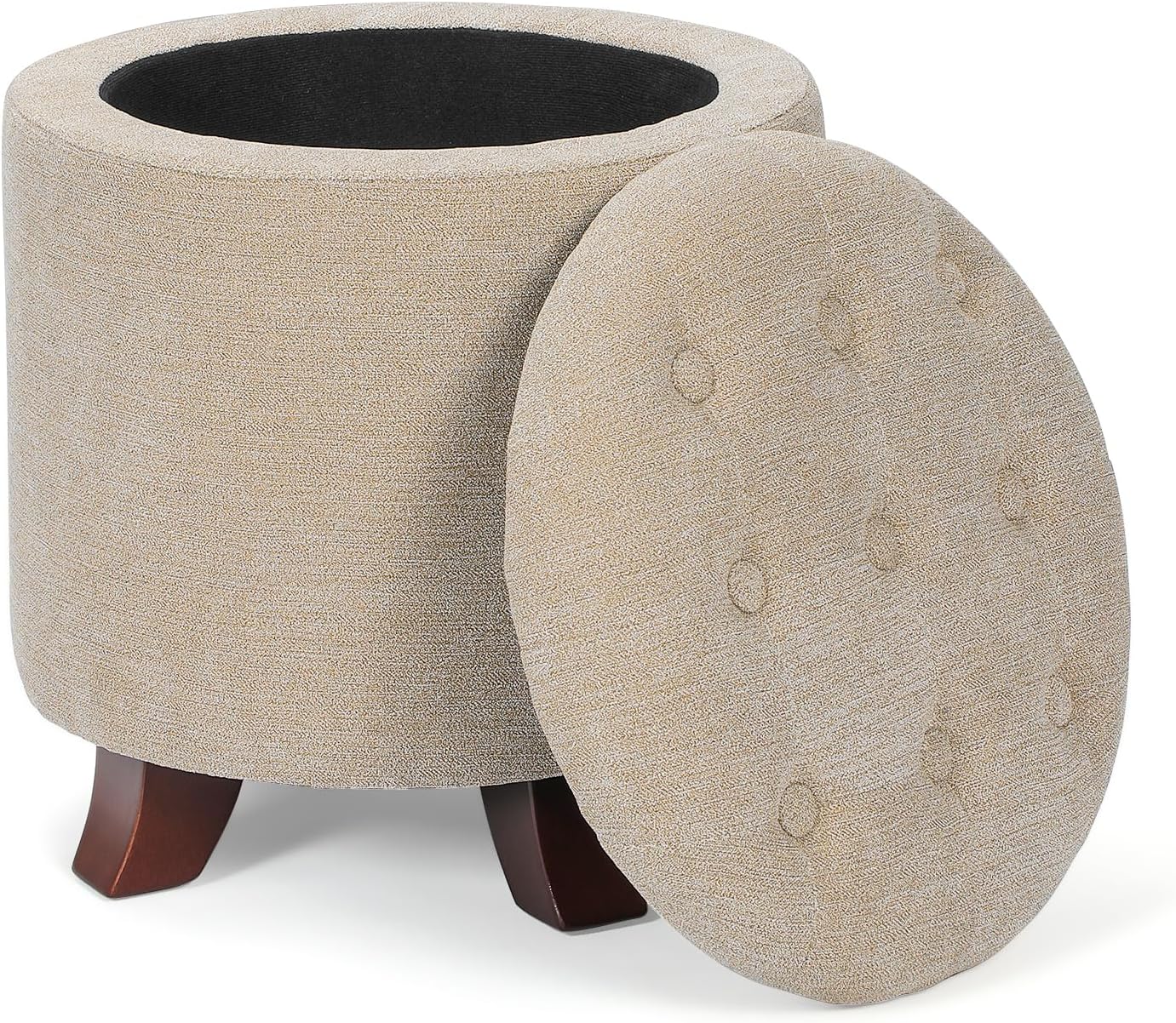 Khaki Round Linen Storage Ottoman