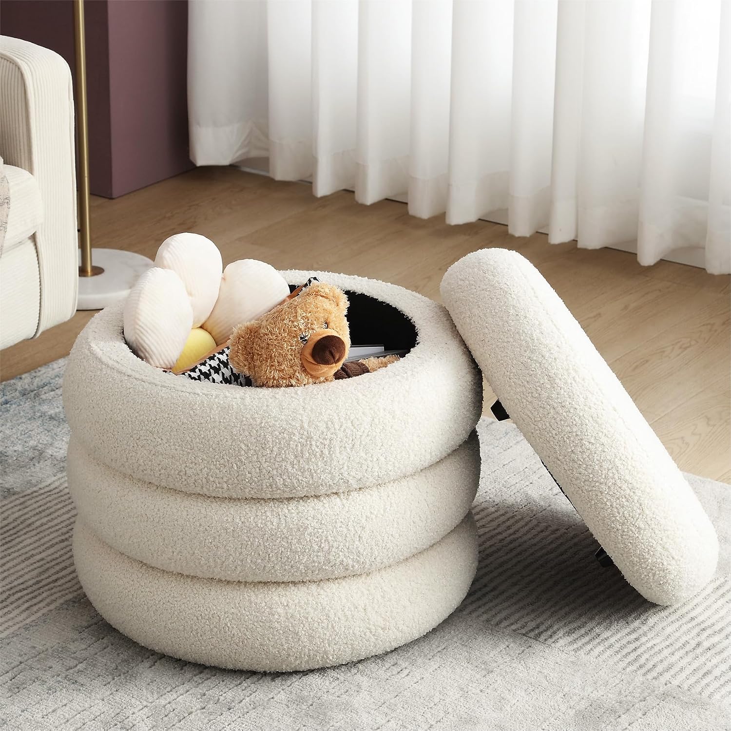 Off-White Boucle Round Storage Ottoman