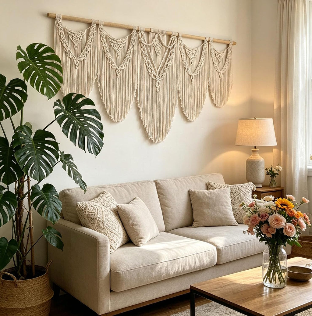 Oversized Beige Fringe Macrame Wall Hanging