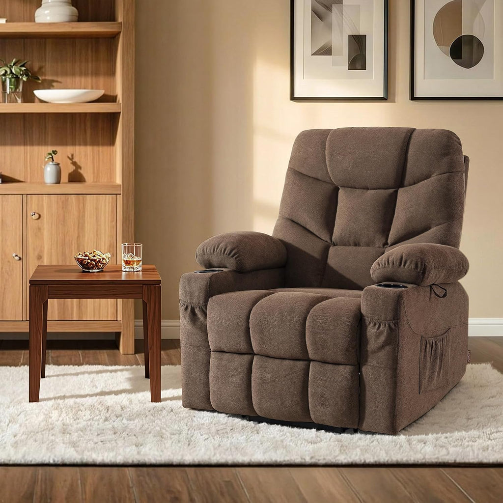 Brown Fabric Extended Footrest Power Lift Recliner Chair