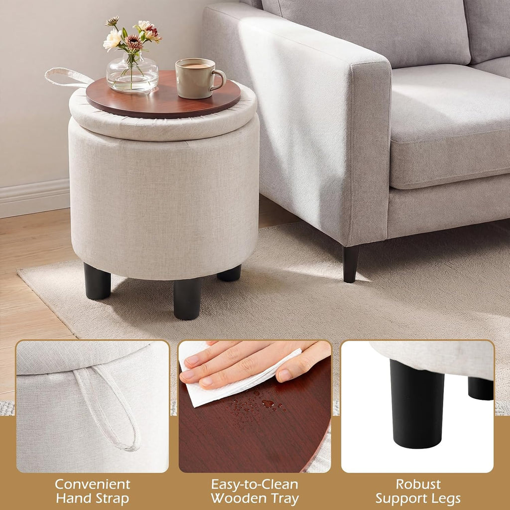 Beige Linen Round Storage Ottoman
