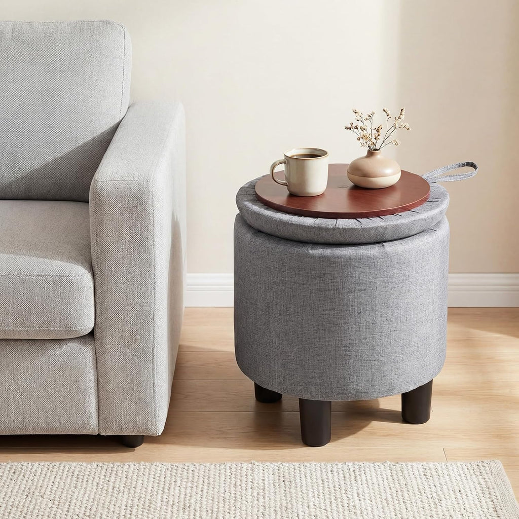 Gray Linen Round Storage Ottoman