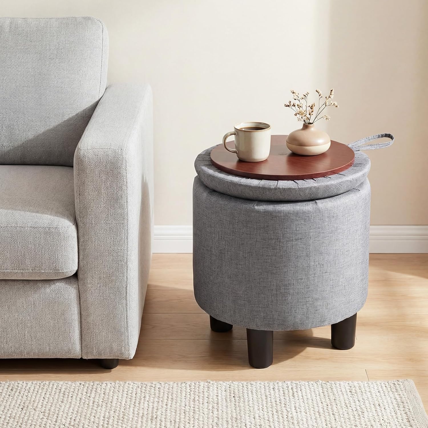 Gray Linen Round Storage Ottoman