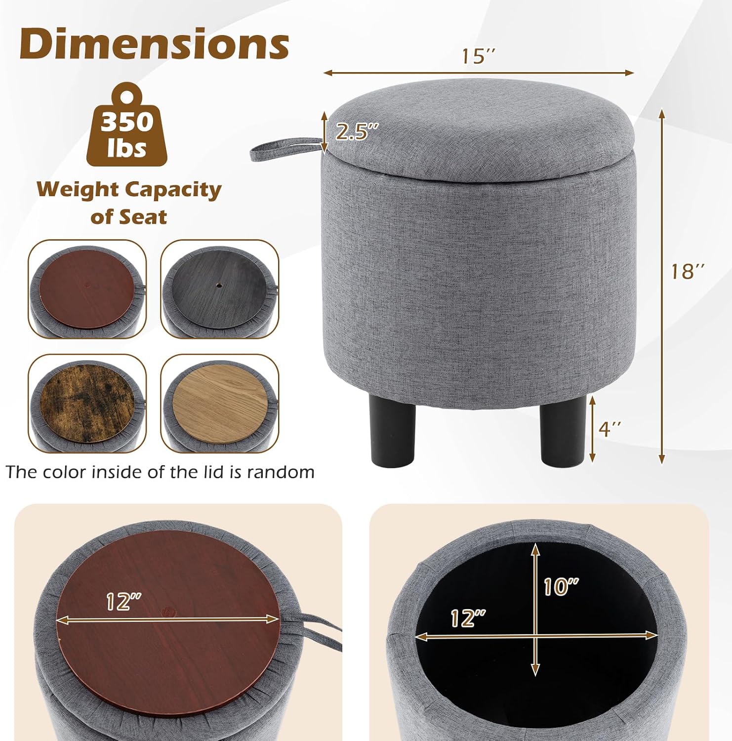 Gray Linen Round Storage Ottoman