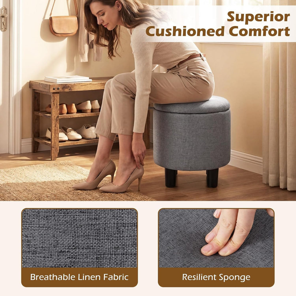 Gray Linen Round Storage Ottoman
