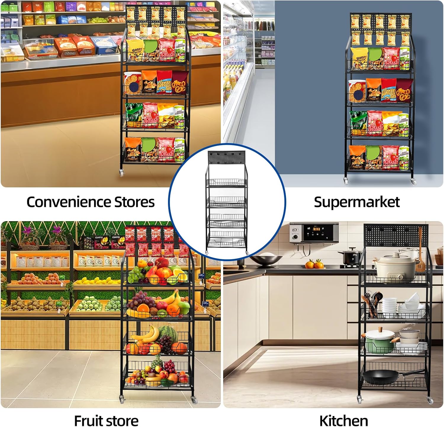 Black Rolling 4-Tier Snack Display Rack