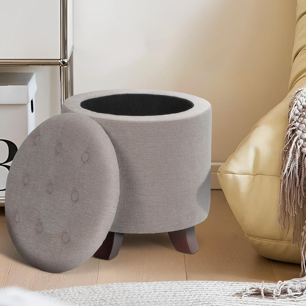 Khaki Round Linen Storage Ottoman