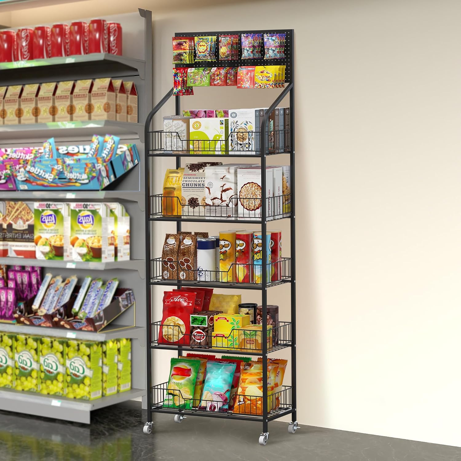 Rolling 5-Tier Metal Snack Display Rack