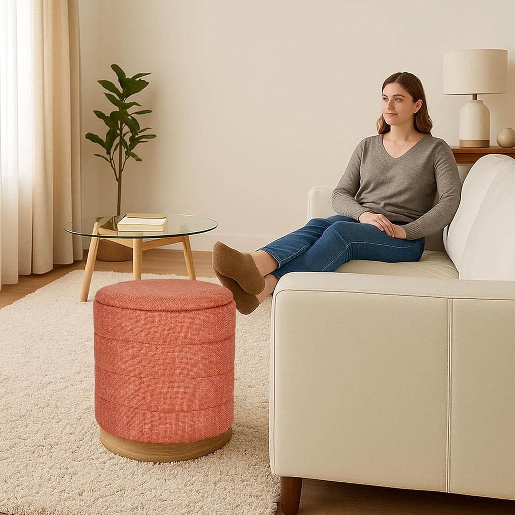 Coral Orange Round Linen Storage Ottoman