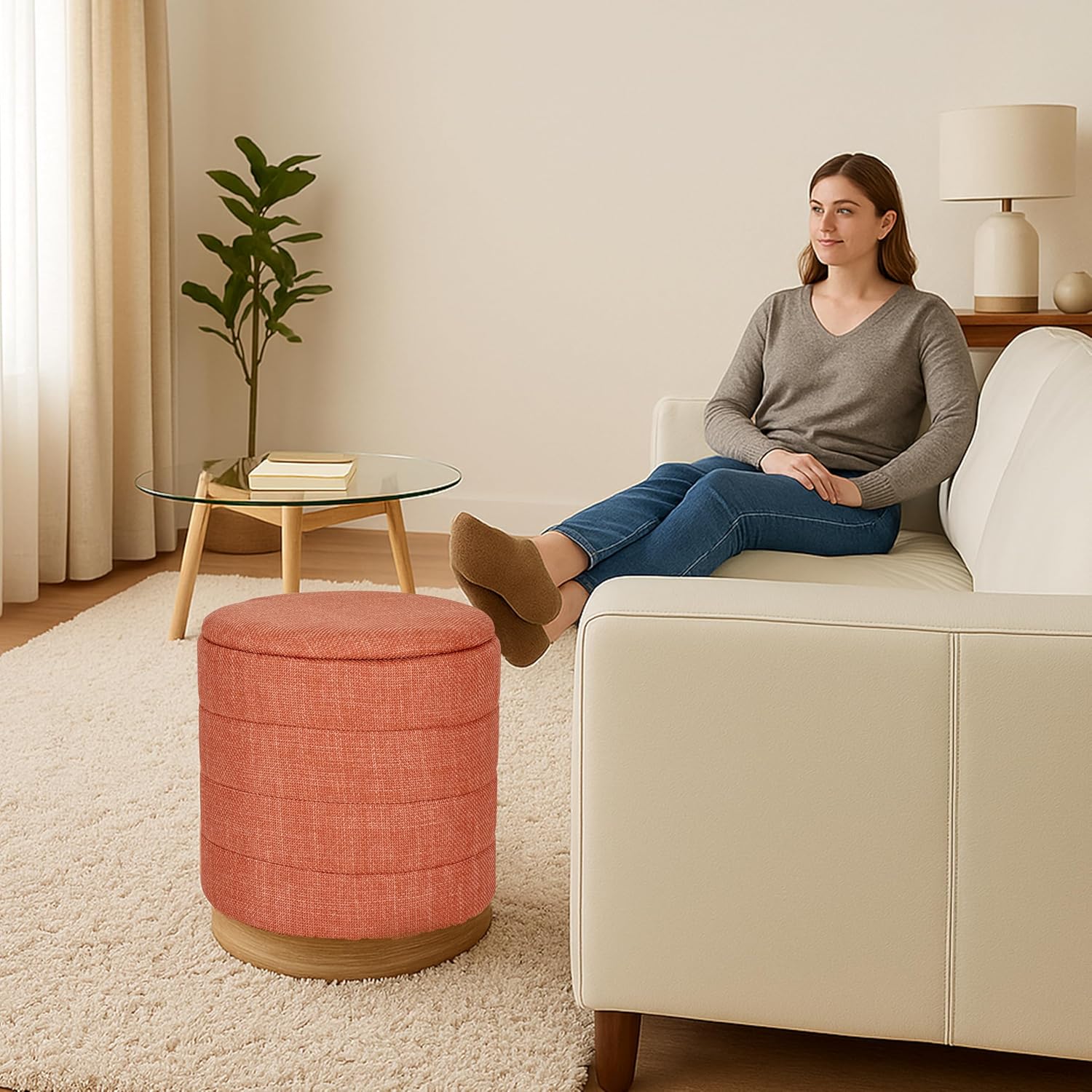 Coral Orange Round Linen Storage Ottoman
