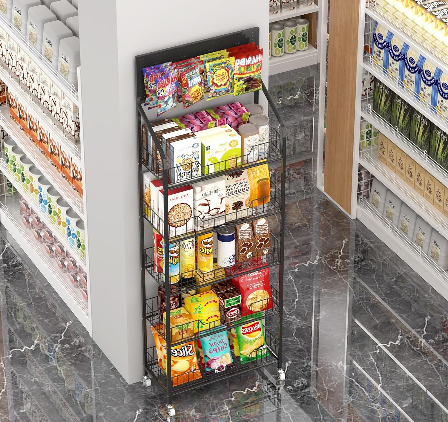 Rolling 5-Tier Metal Snack Display Rack