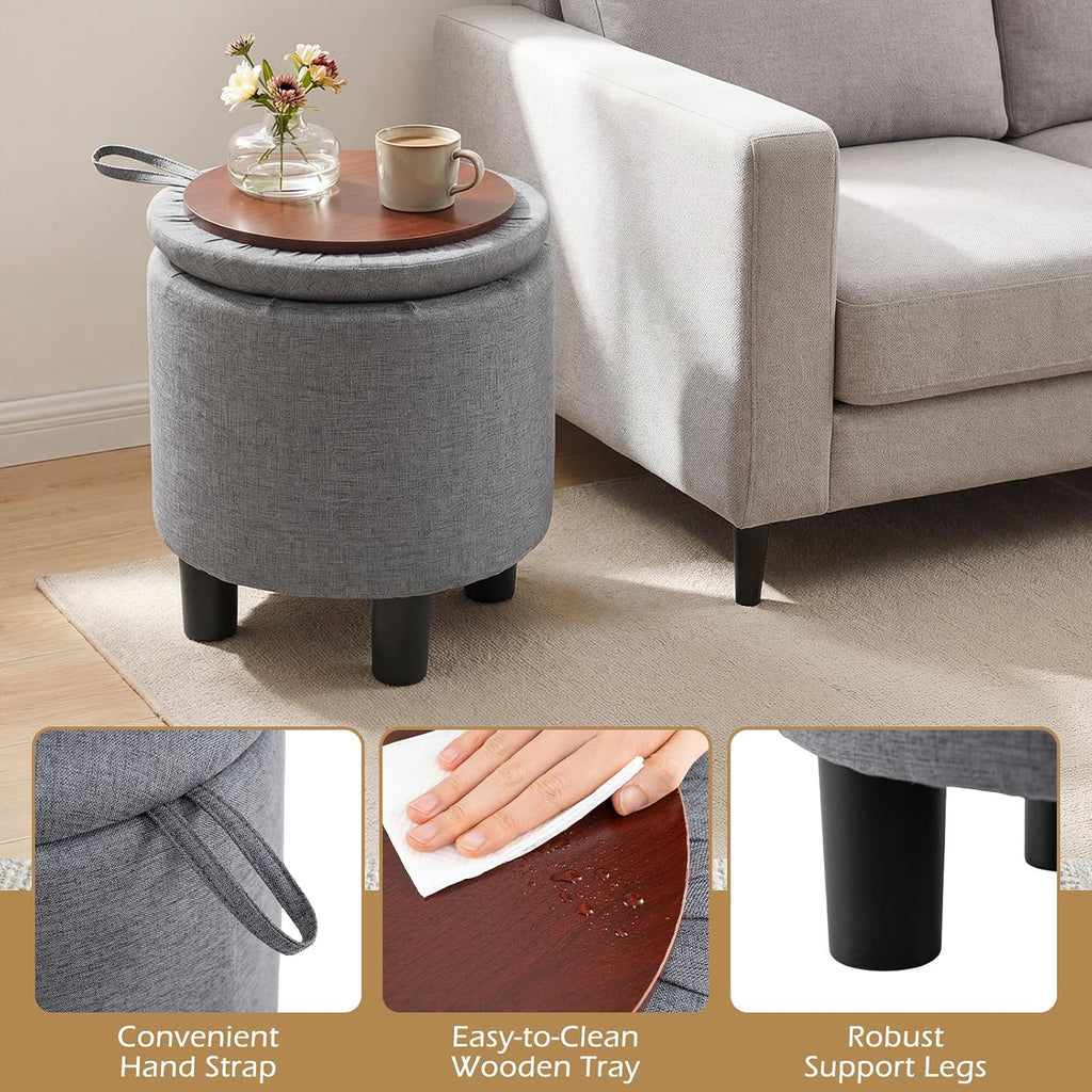 Gray Linen Round Storage Ottoman