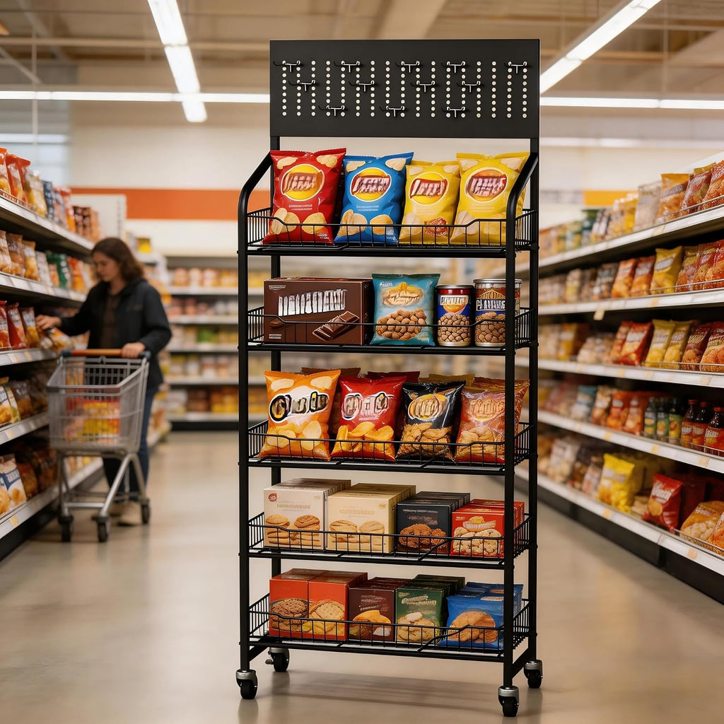 Rolling 5-Tier Metal Snack Display Rack