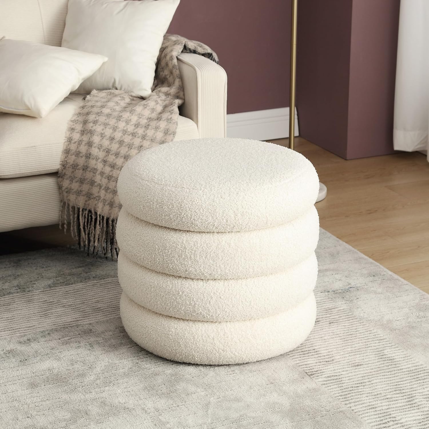 Off-White Boucle Round Storage Ottoman