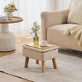 Beige Linen Wood Leg Storage Ottoman
