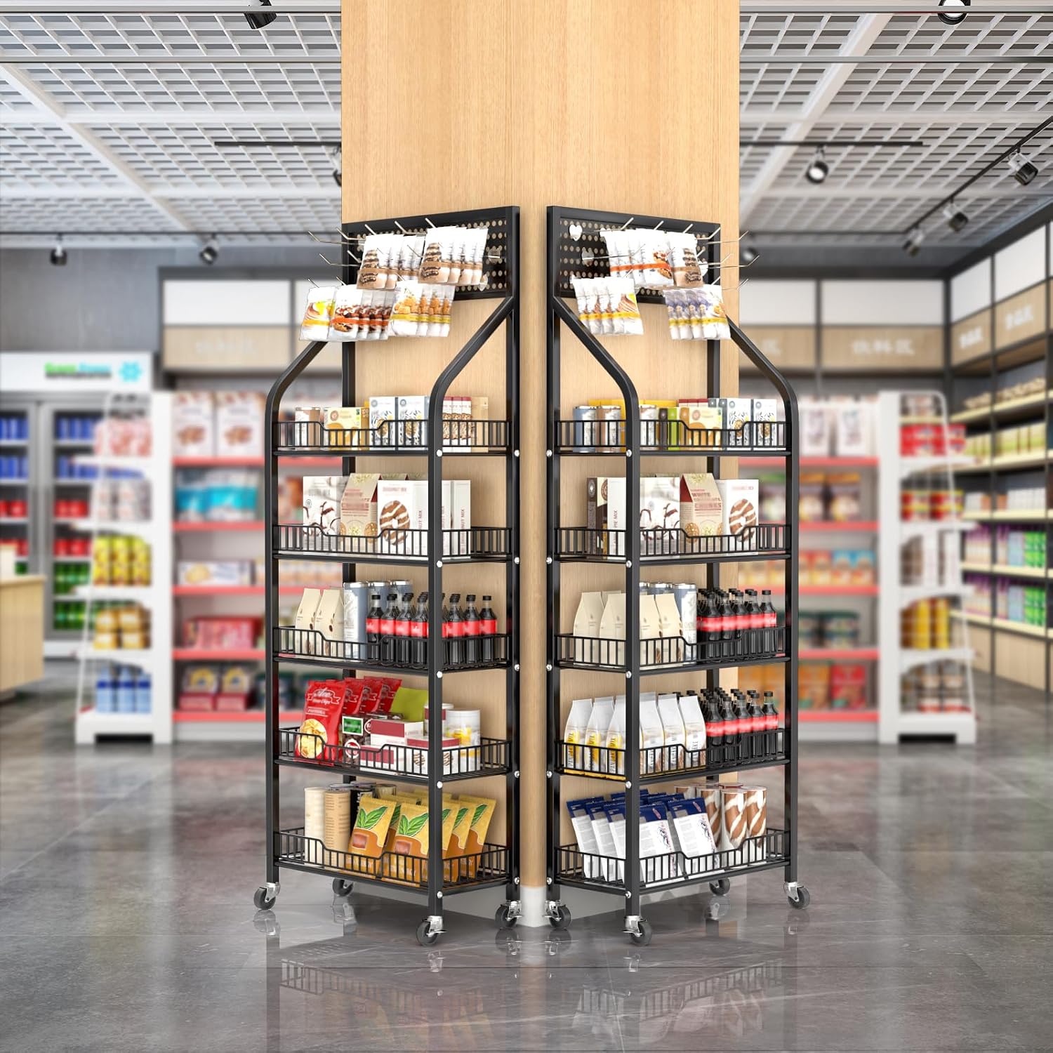 Black Rolling 5-Tier Hooked Snack Display Rack