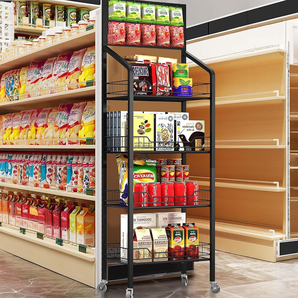 Black 4-Tier Rolling Snack Display Rack