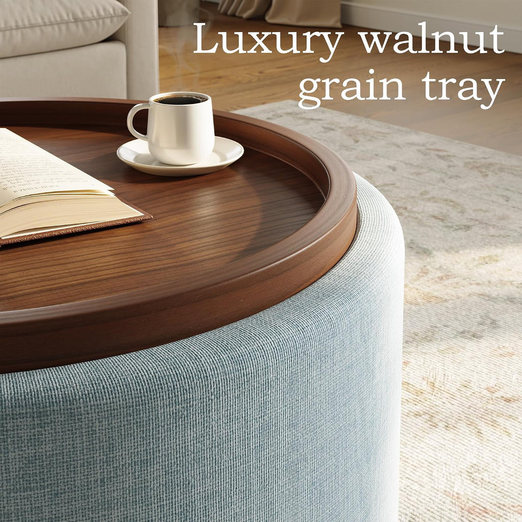 Light Blue Round Storage Ottoman Table