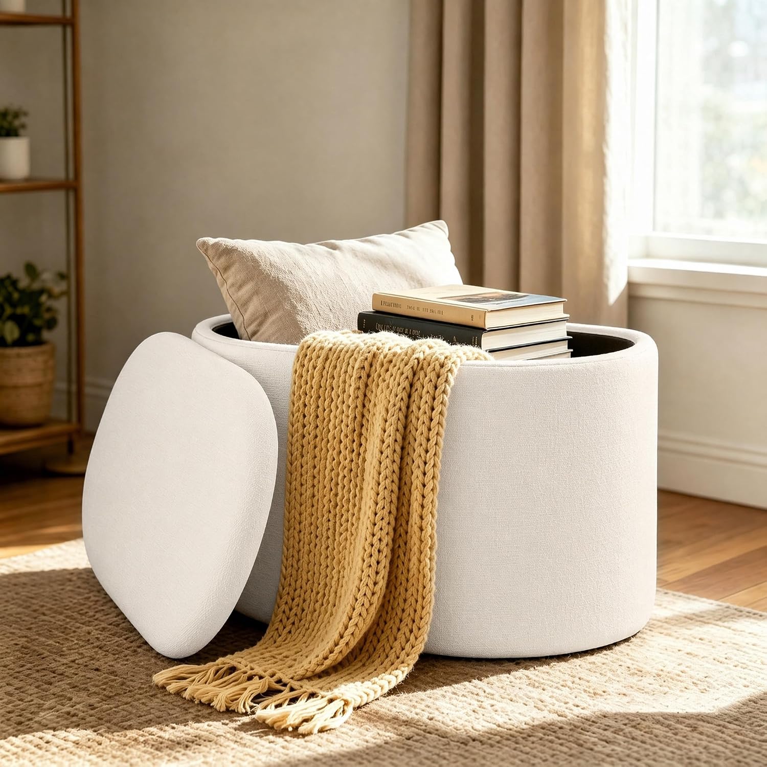 White Linen Oval Storage Ottoman
