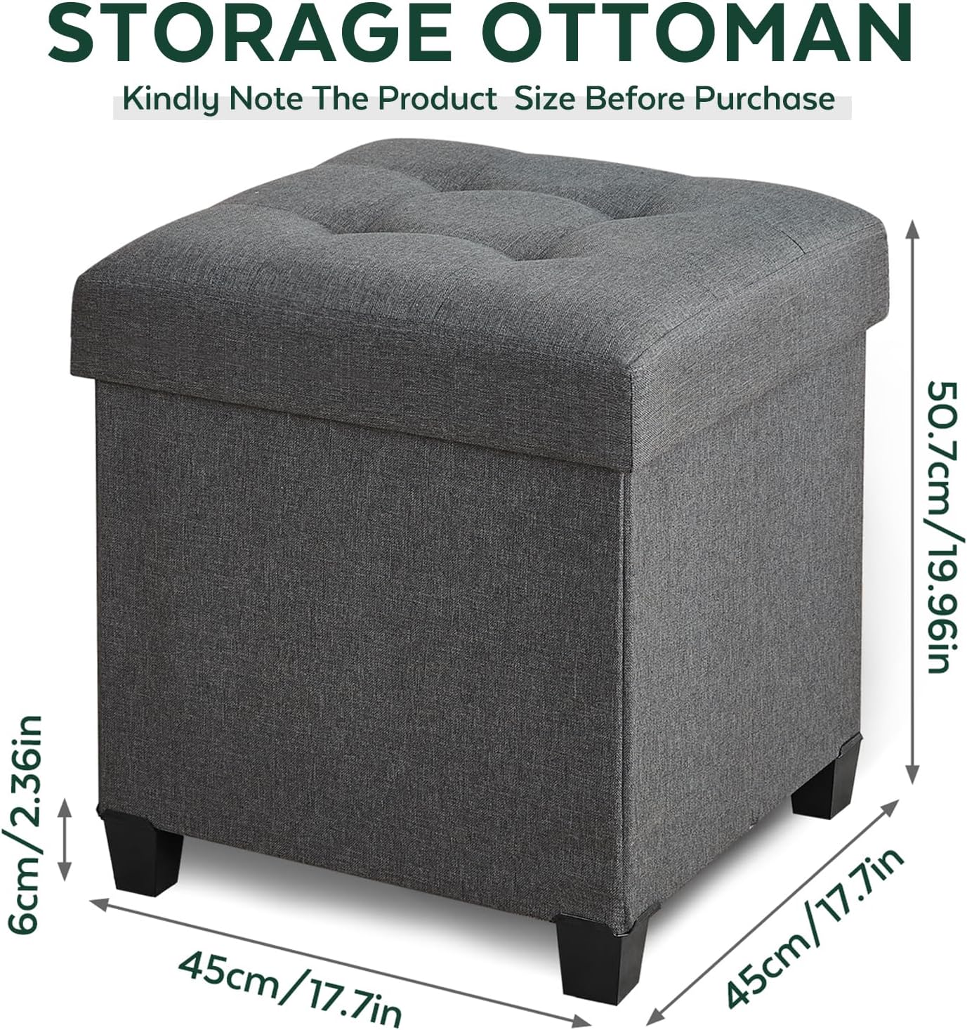 Gray Linen Square Storage Ottoman
