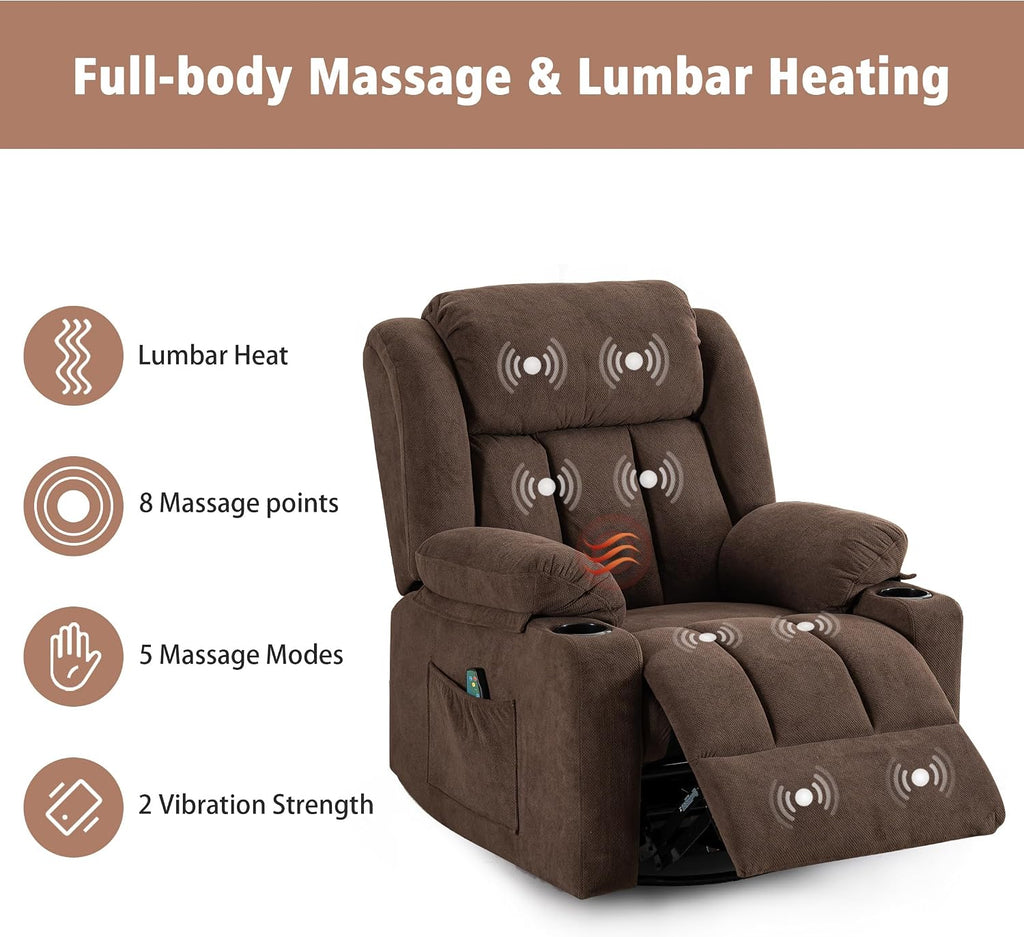 Cocoa Fabric Swivel Rocker Massage Heat Recliner Chair