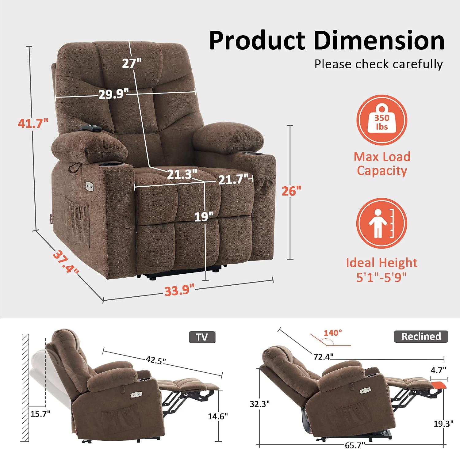 Brown Fabric Extended Footrest Power Lift Recliner Chair