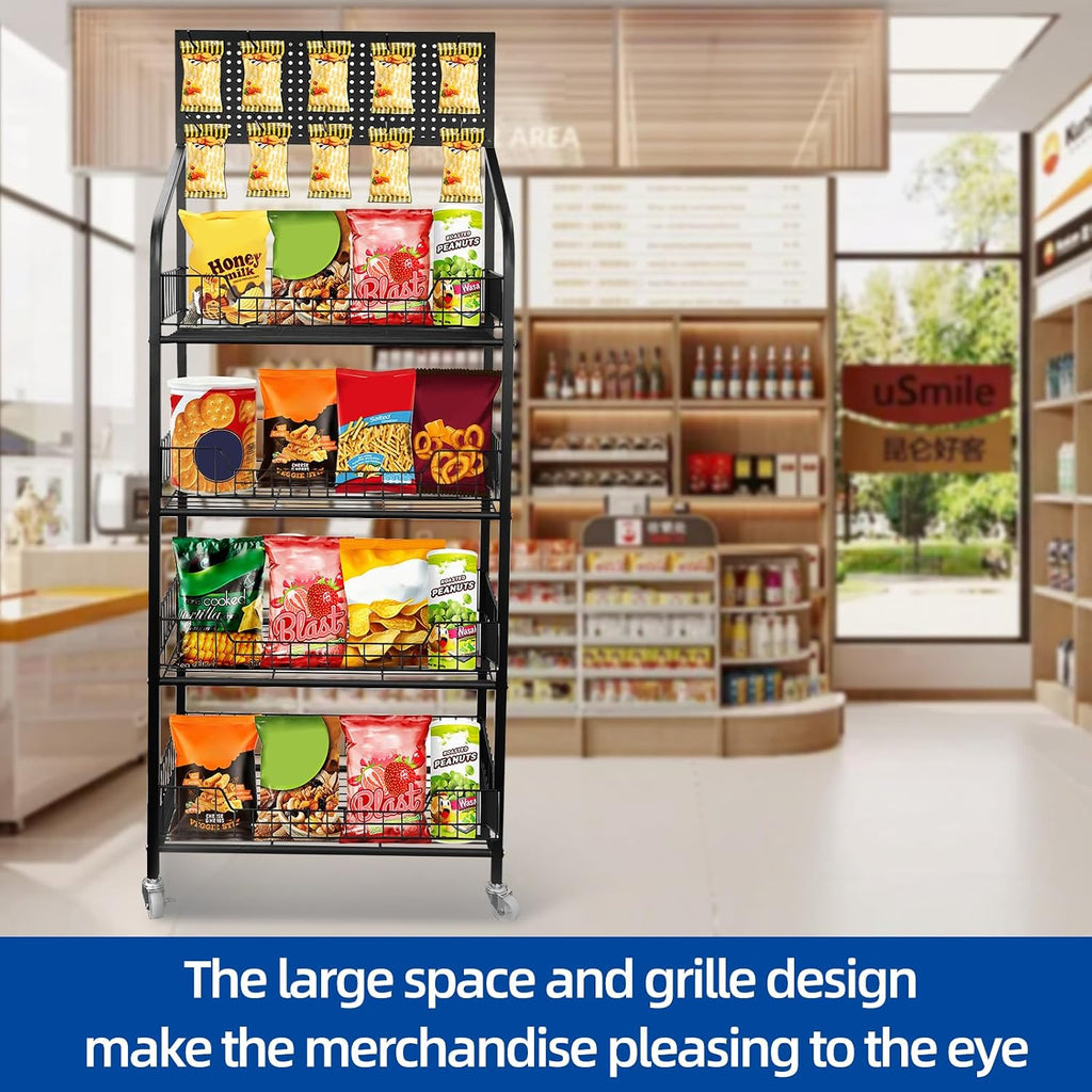 Black Rolling 4-Tier Snack Display Rack