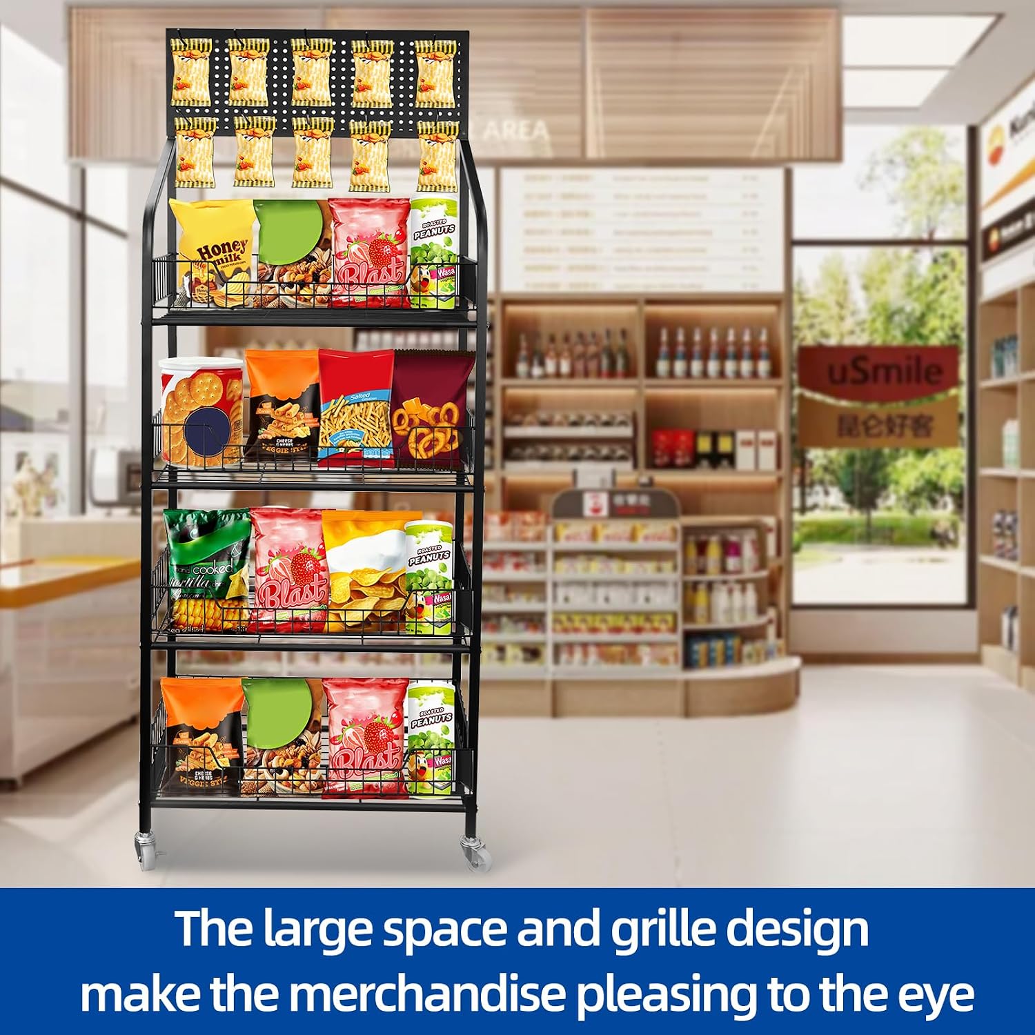 Black Rolling 4-Tier Snack Display Rack