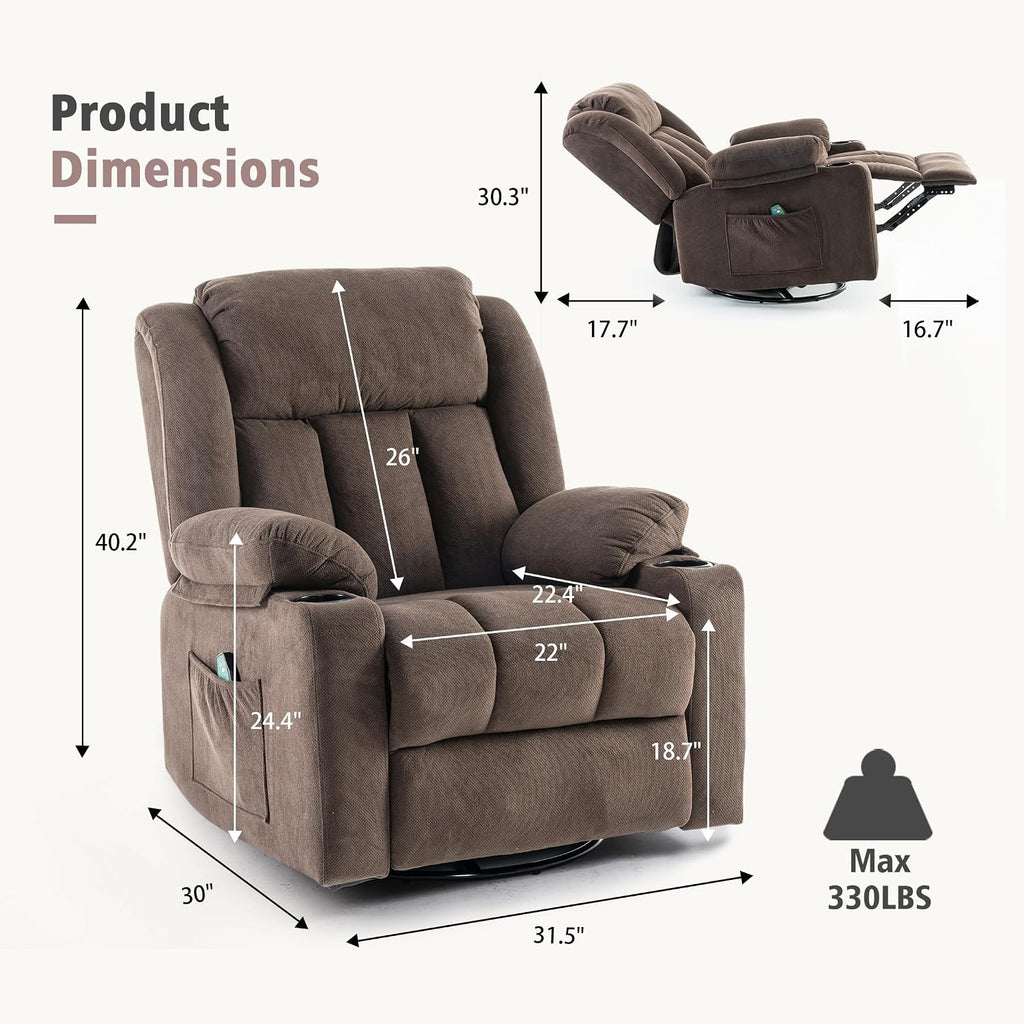 Cocoa Fabric Swivel Rocker Massage Heat Recliner Chair