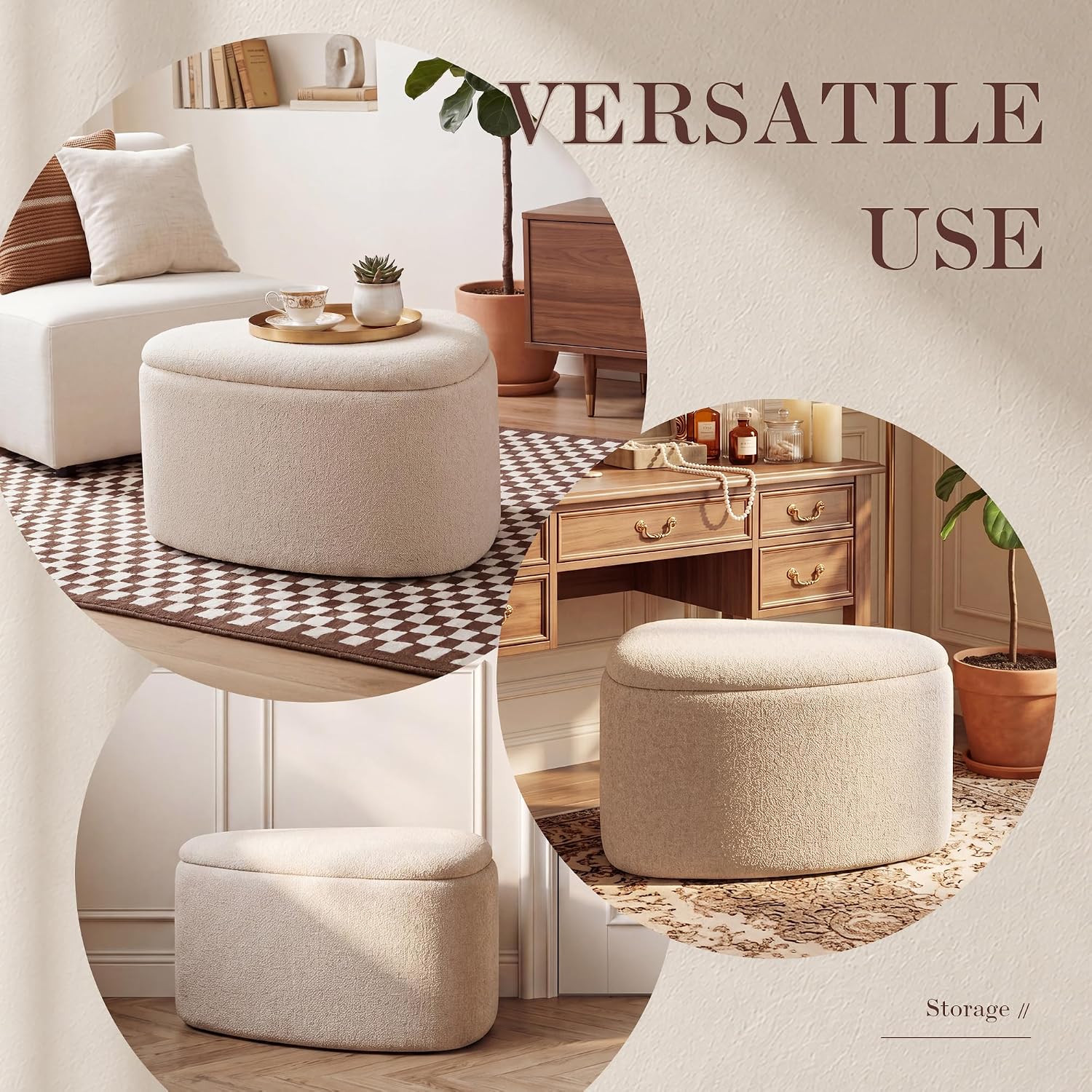 Beige Linen Triangle Storage Ottoman