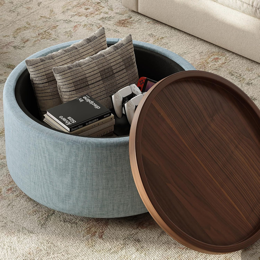 Light Blue Round Storage Ottoman Table