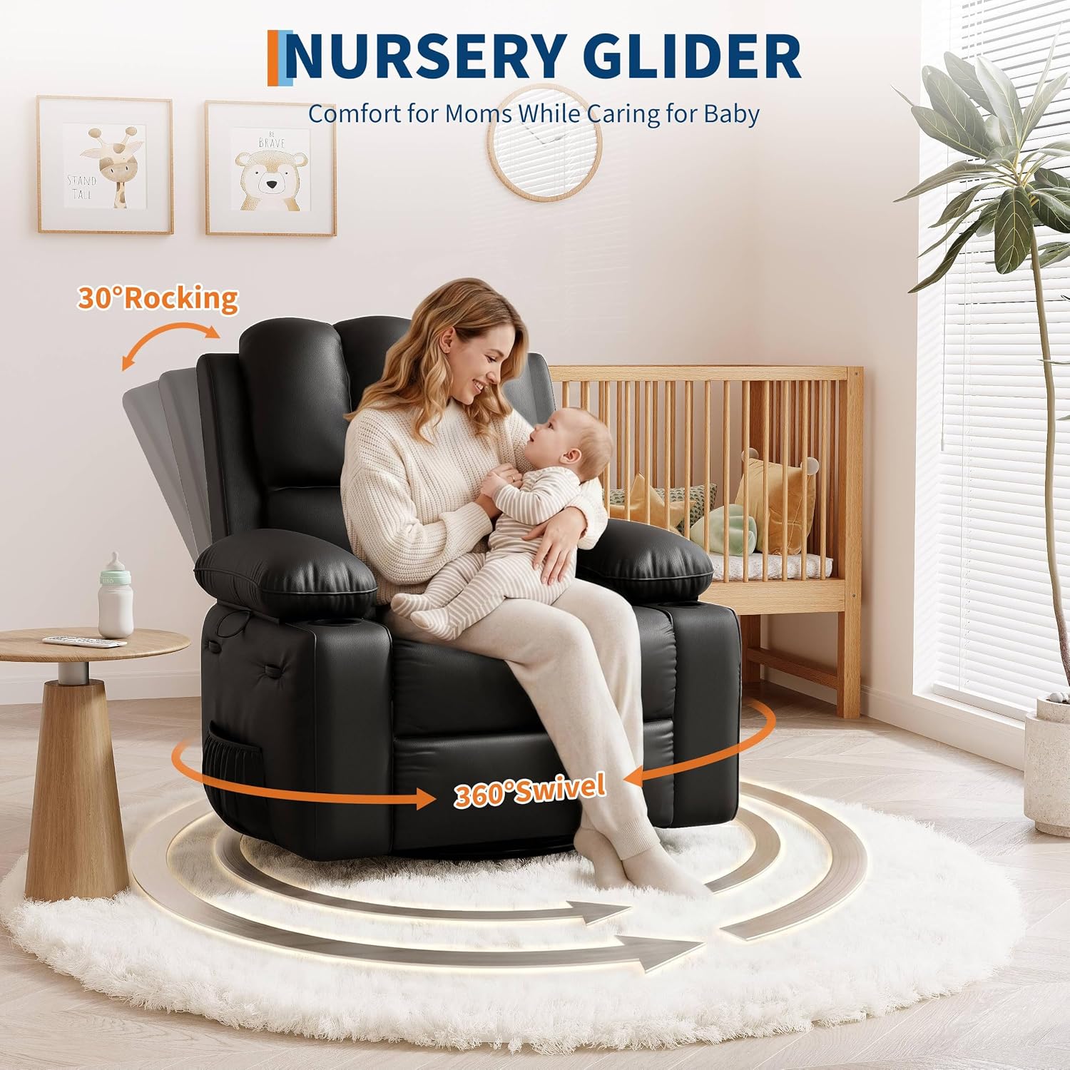 Swivel Rocker Leather Massage Heat Recliner Chair