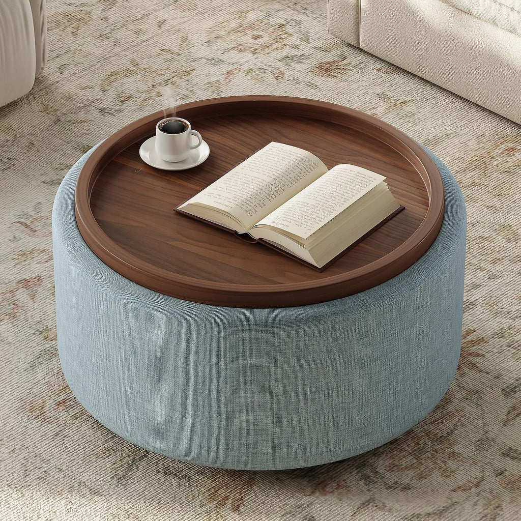 Light Blue Round Storage Ottoman Table