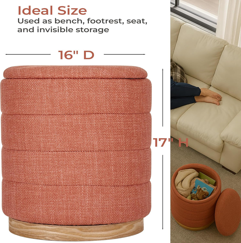 Coral Orange Round Linen Storage Ottoman