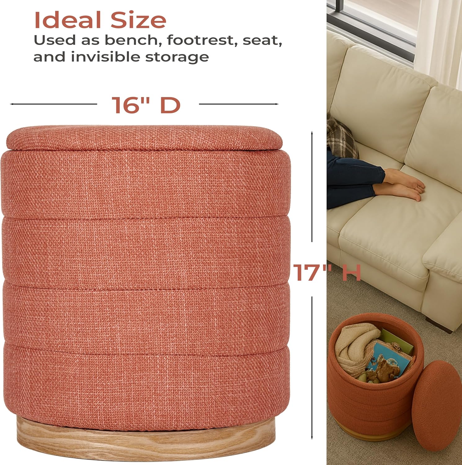 Coral Orange Round Linen Storage Ottoman