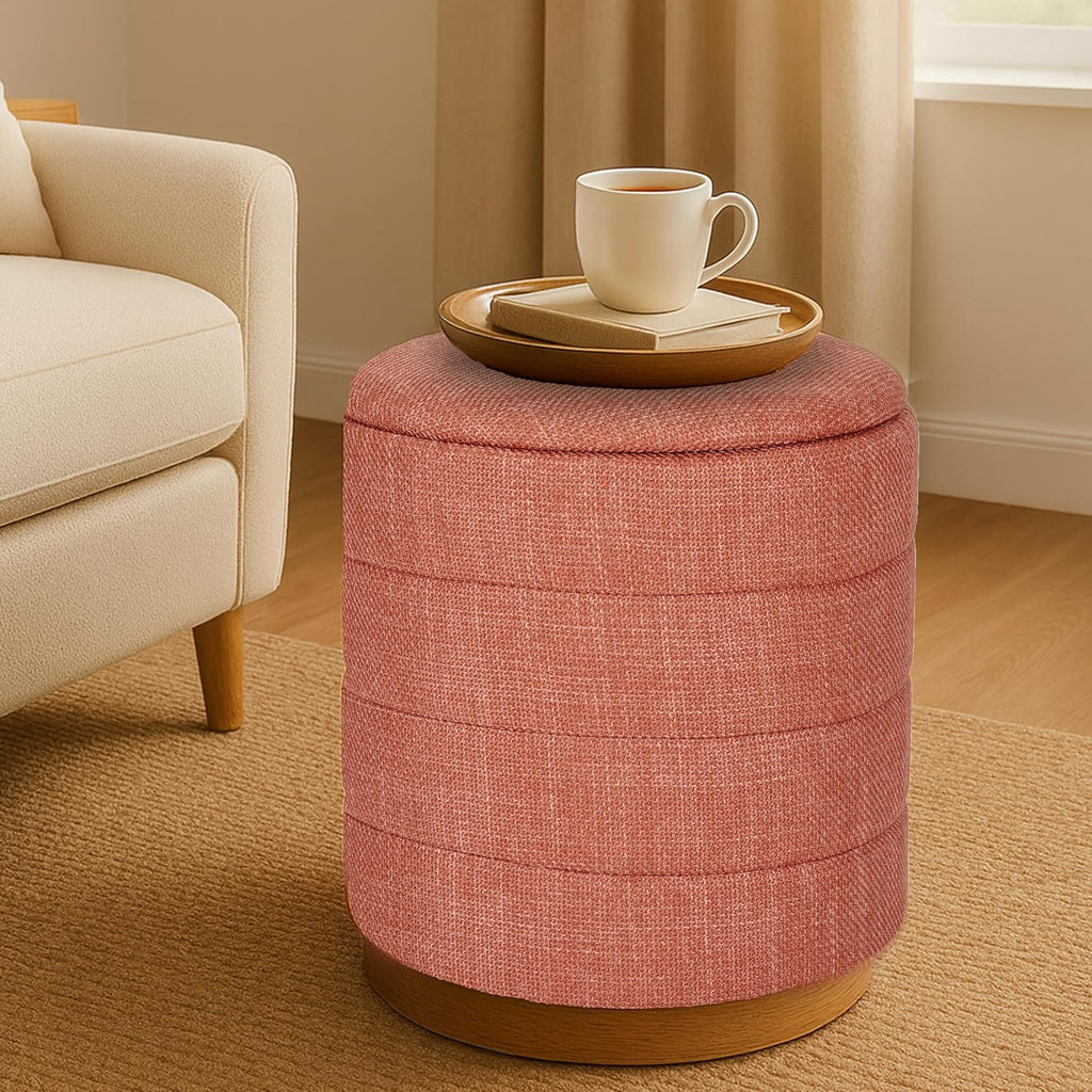 Coral Orange Round Linen Storage Ottoman
