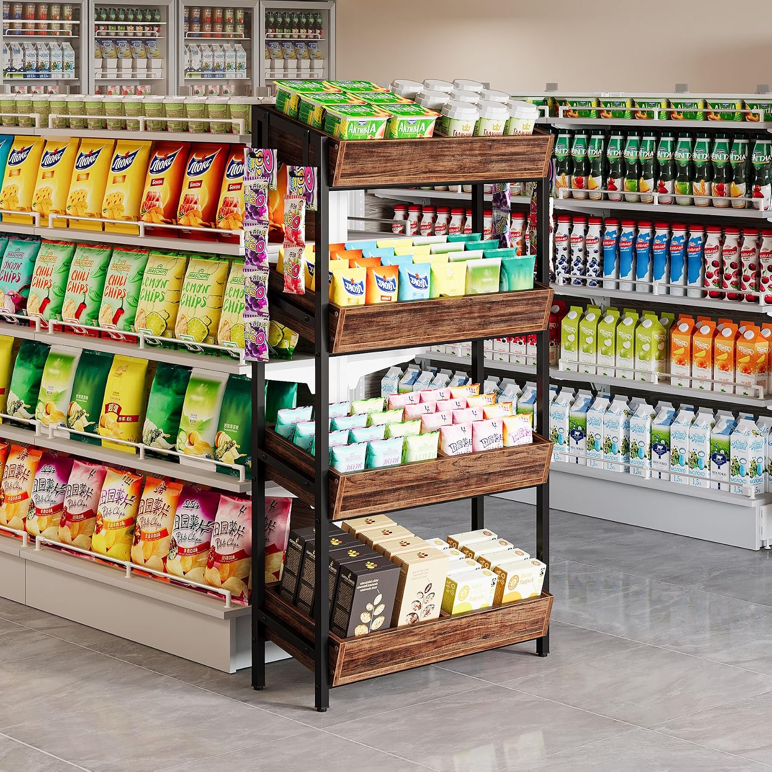 Brown Wood Metal 4-Tier Snack Display Rack