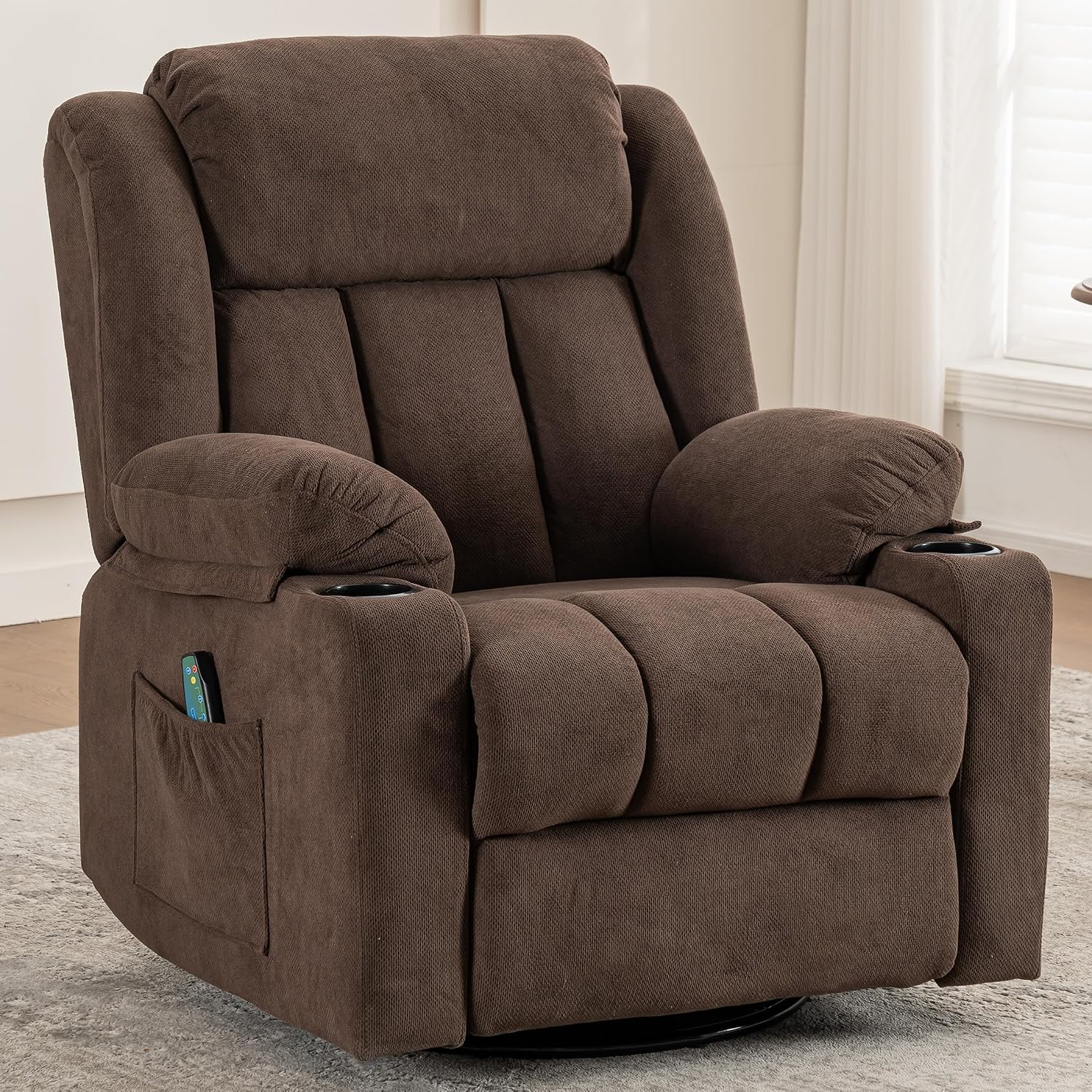 Cocoa Fabric Swivel Rocker Massage Heat Recliner Chair