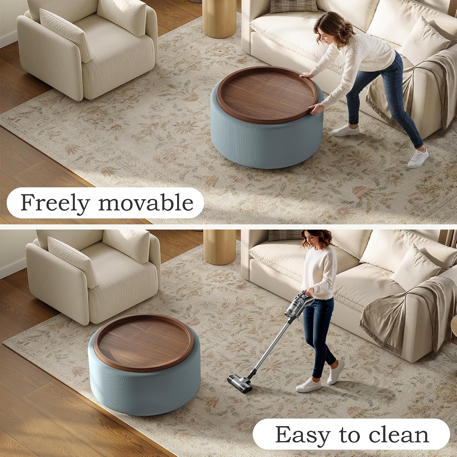 Light Blue Round Storage Ottoman Table